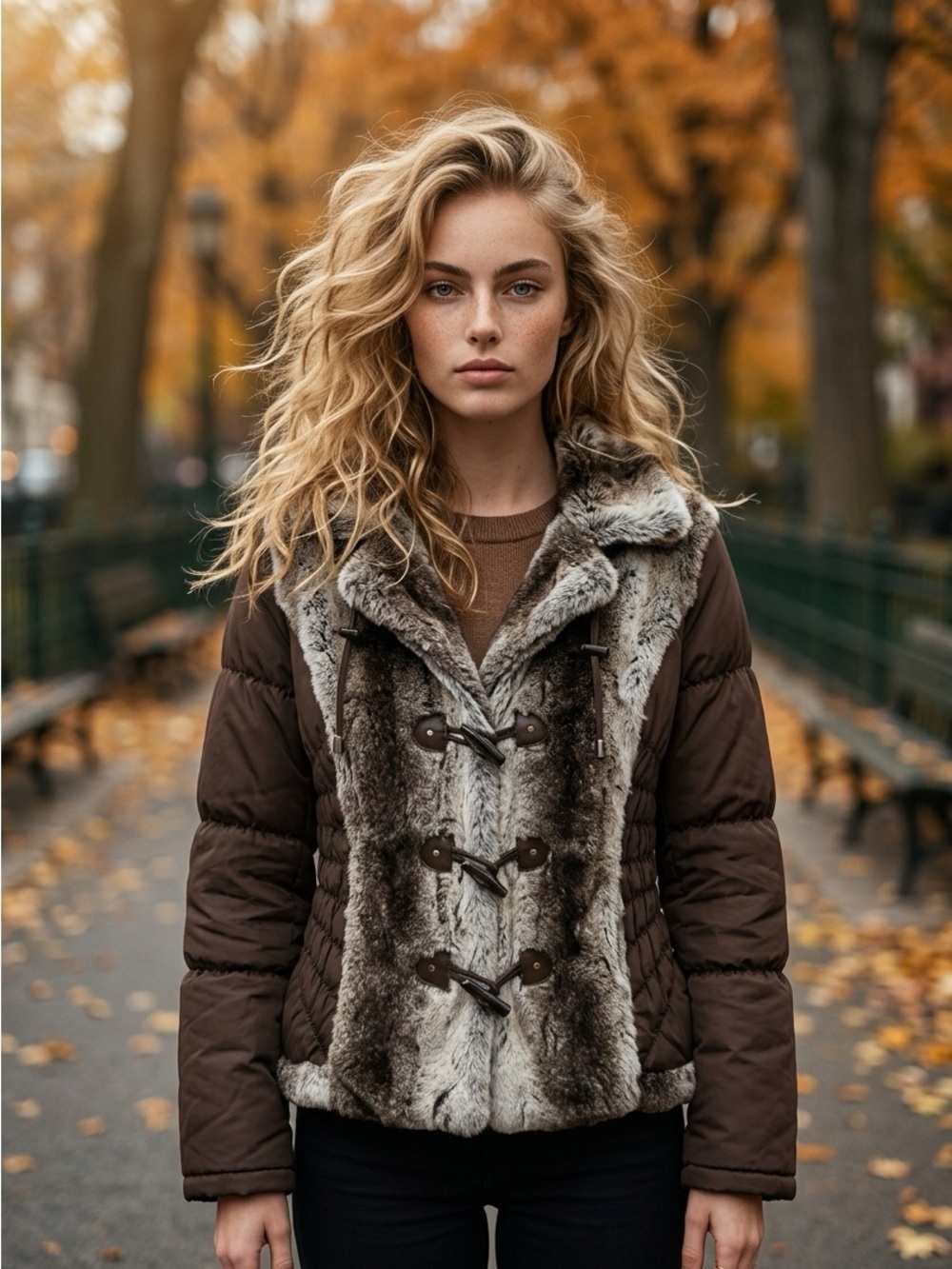 Amazing Women's Brown Faux Fur-Trim Puffer Jacket with Toggle Closures